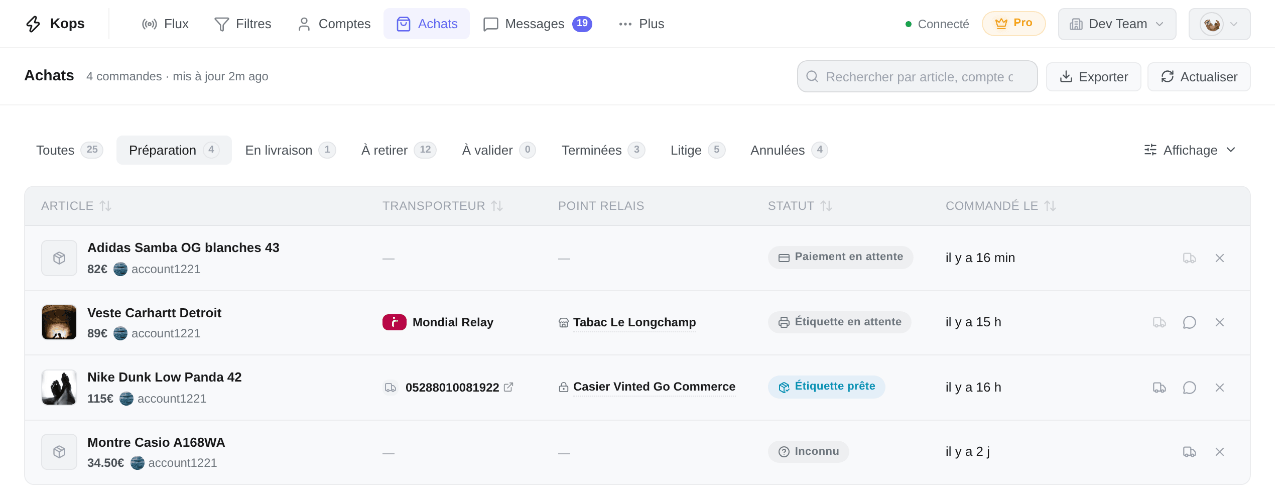 Le tableau des achats, un onglet par étape du colis