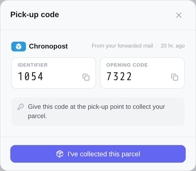 The two halves of a locker credential, each with its own copy button
