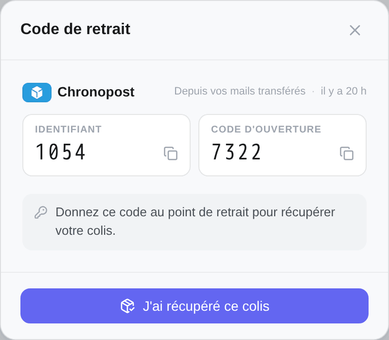 Les deux moitiés d'un code de consigne, chacune avec son bouton de copie
