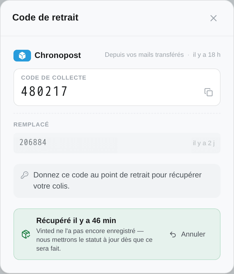 Tous les codes émis pour ce colis, le précédent marqué Remplacé