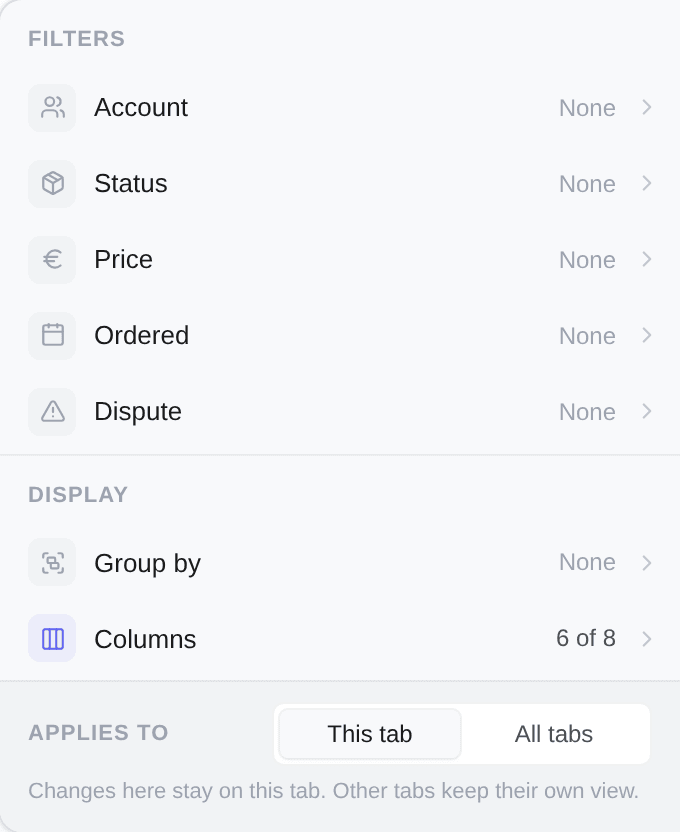 The View panel: group, sort, filter and the column checklist