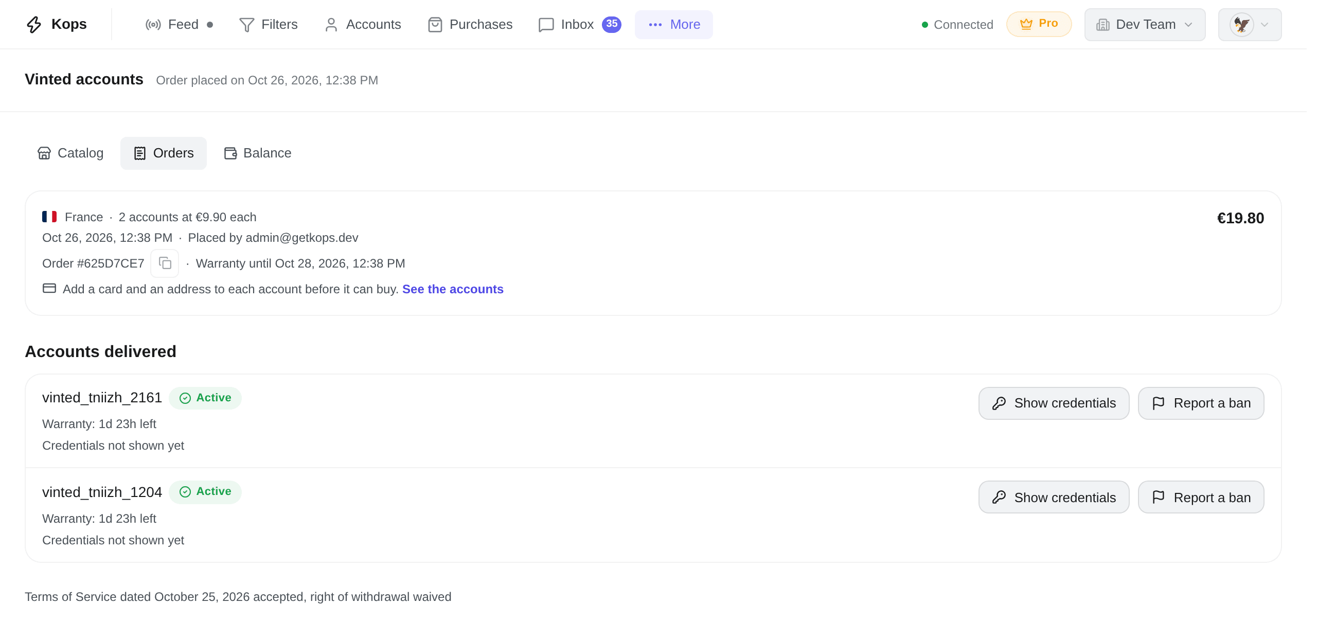 An order's page: its summary, then the accounts it delivered