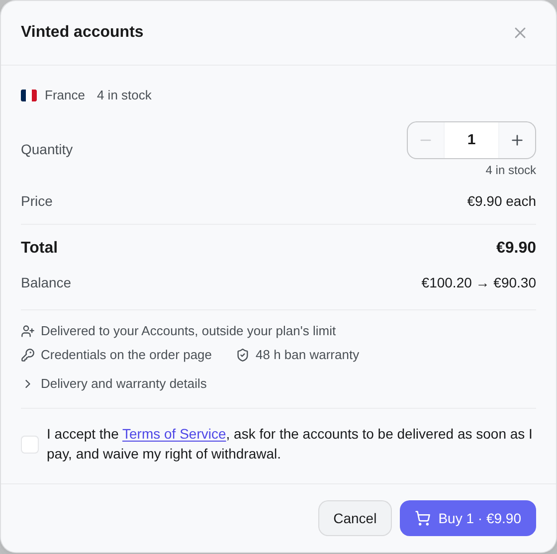 The purchase dialog: quantity, price, total, balance, and the box to tick