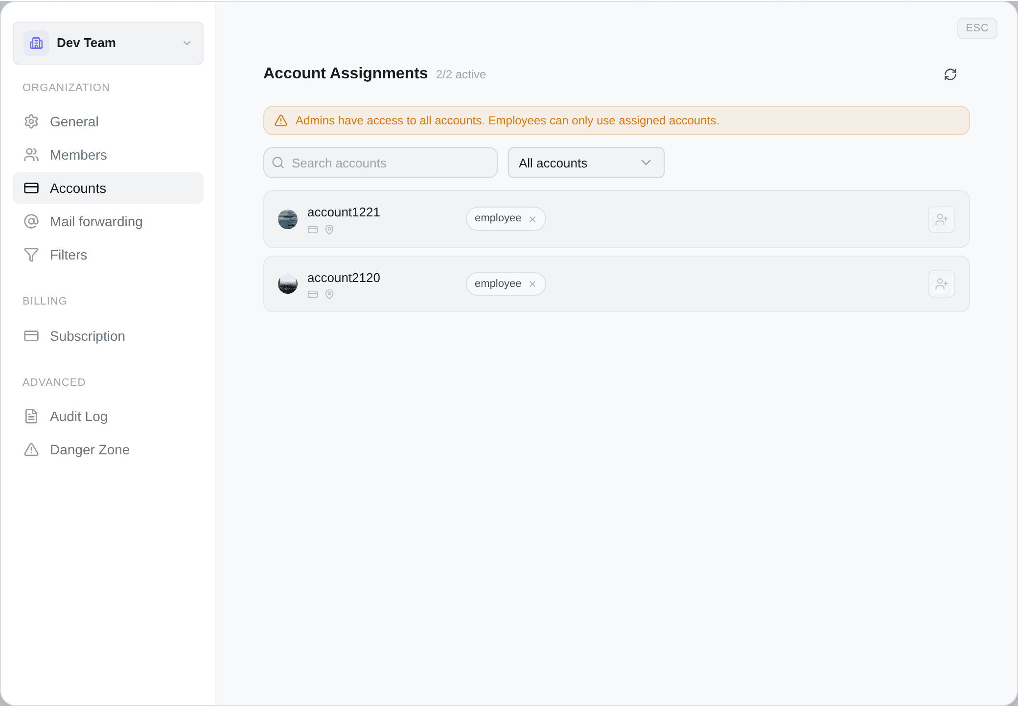 The Accounts tab: one row per Vinted account, with who may use it