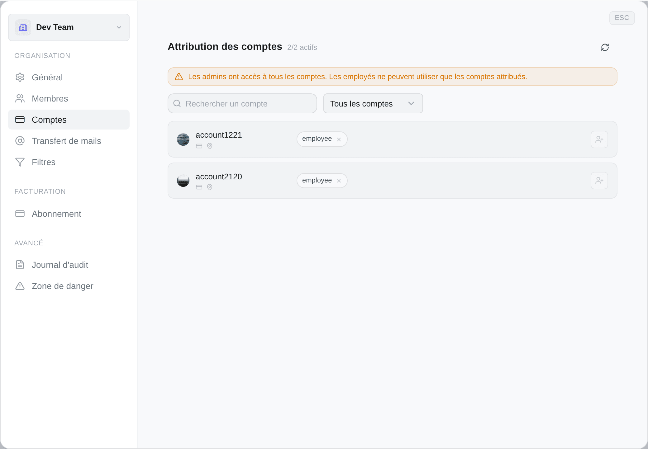 L'onglet Comptes : une ligne par compte Vinted, avec qui peut l'utiliser
